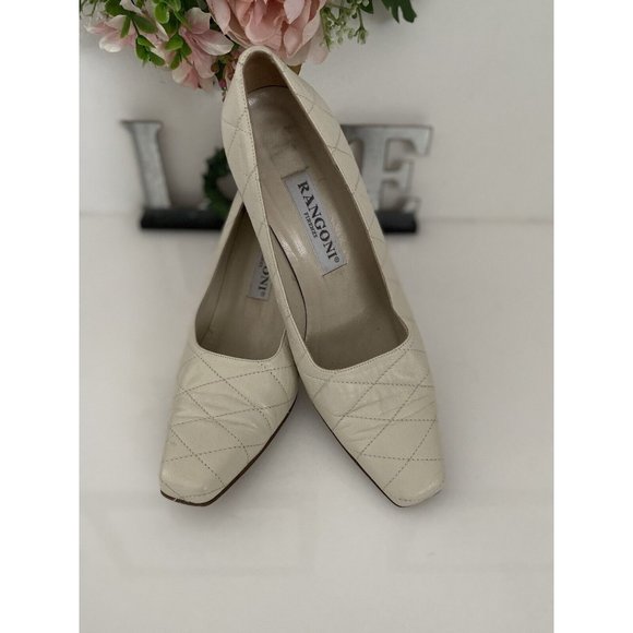 Rangoni Shoes - Rangoni Firenze Leather Block Heel Pumps 7B Off White Stitched Slip On Italy EUC
